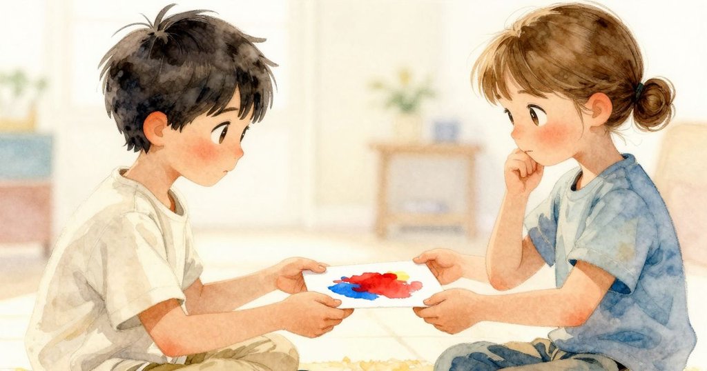 Upton 輕輕將新作的紙張遞給 Renn，雙手溫柔相接，背景隱約展現忙碌工作室，充滿藝術情誼