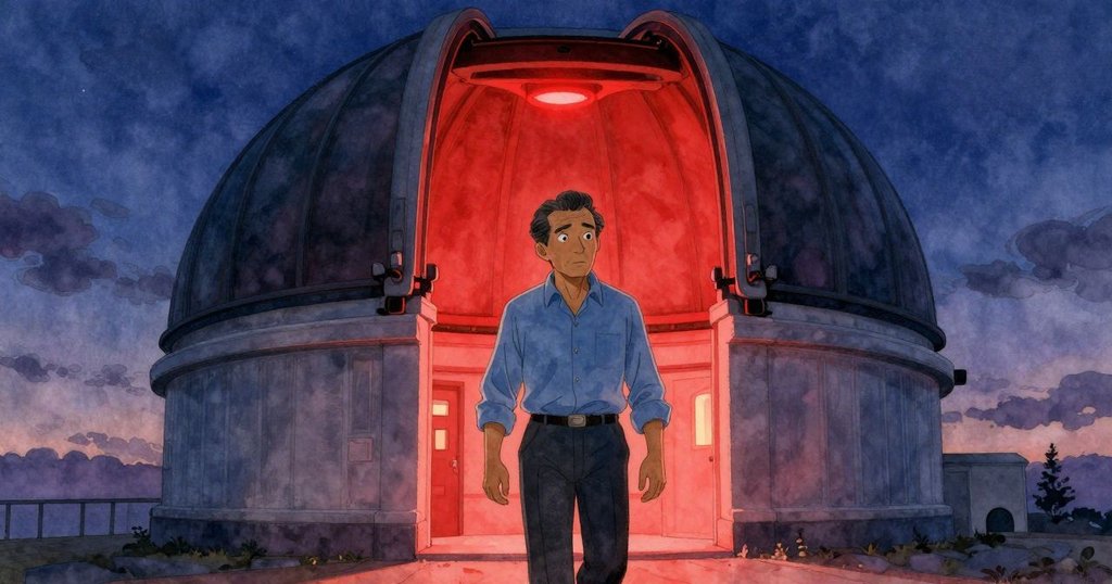 格蘭特從半敞開的天文館入口步入室內, 紅光與暮色交織, 神情堅定展開夜間觀測旅程