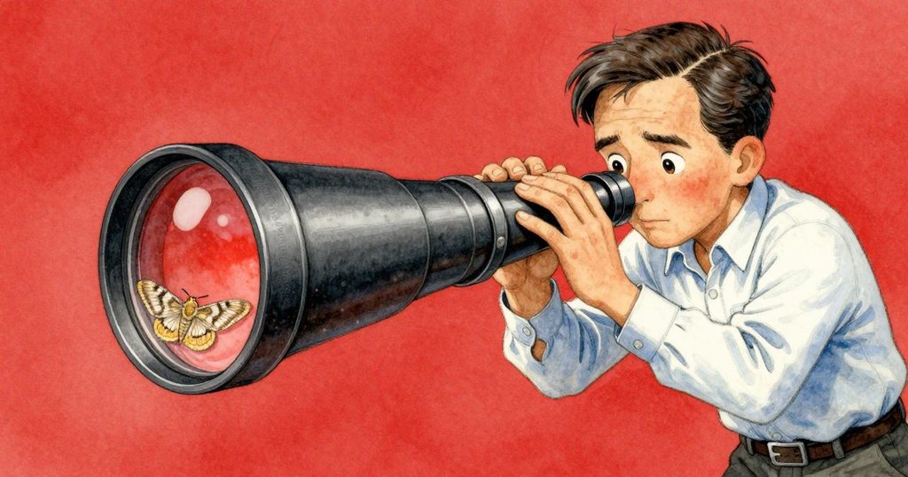 格蘭特聚焦望遠鏡鏡頭, 薄紅光中蛾子靜臥, 手動作細膩呈現天文觀測情景