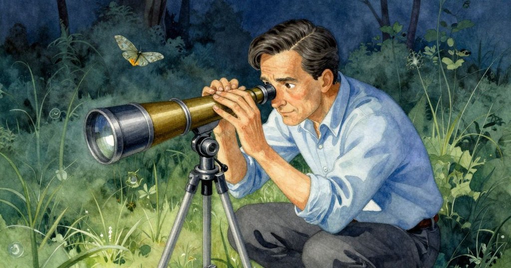 從上方俯視, 格蘭特俯身檢視望遠鏡與蛾翼閃爍圖案, 顯露專注與好奇之情