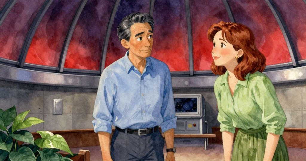 格蘭特與伊薇特在天文館內共同工作, 紅光逐漸轉為月光, 地面呈現斑駁光影, 氣氛平和轉變