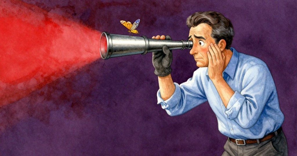 格蘭特在調整儀器時猶豫不決, 手停在半空, 膜翼映出神秘圖案, 帶出內心掙扎情緒