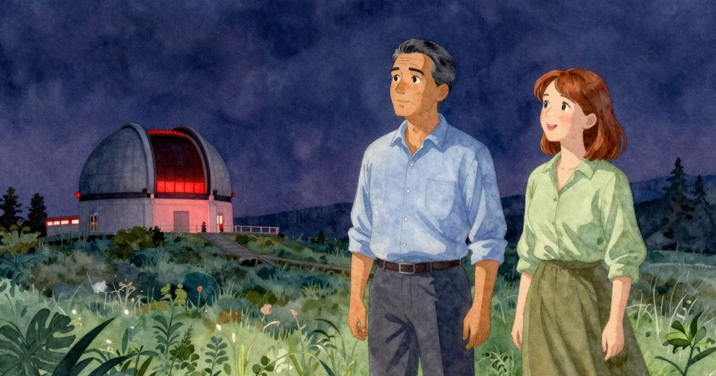 格蘭特與伊薇特在寧靜天文館內放鬆, 膜安然臥於儀器旁, 紅光與月光和諧交融, 整體氣氛溫馨平和