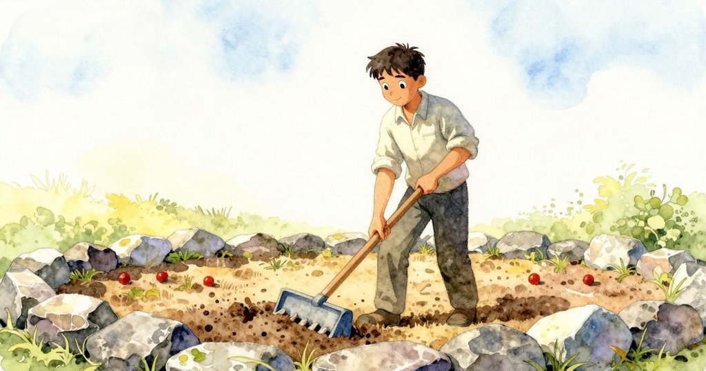 Pascal 正在整齊的庭院裡耙石子，光線斜射，背景有木鴿及低牆，展現出初始充滿期待的情景