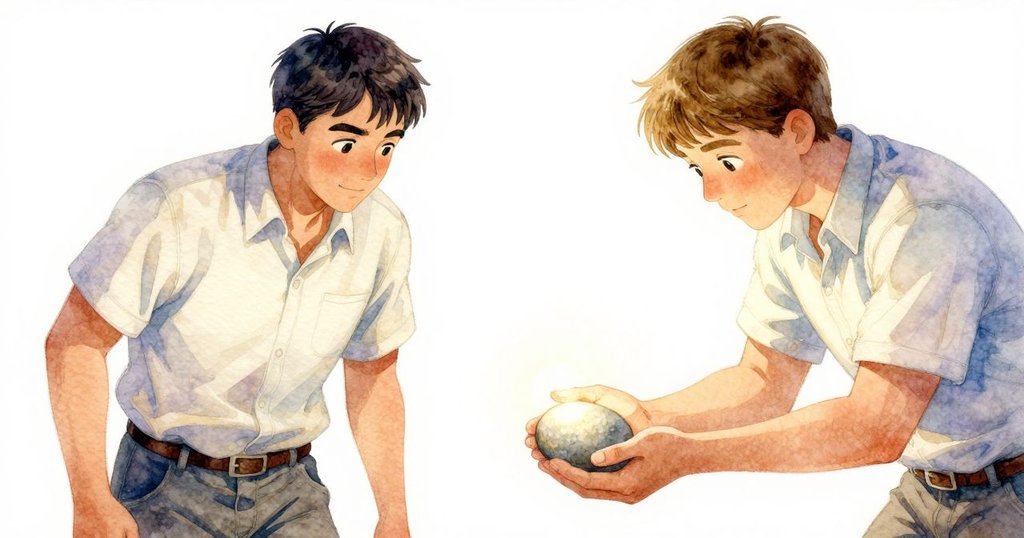 Pascal 的手在溫暖陽光下輕觸發光石子，細膩展現探索與好奇的情緒