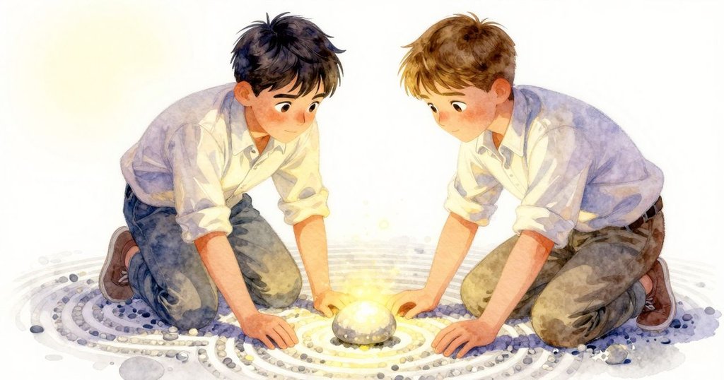 以 Pascal 視角呈現庭院景色，石子在精心耙出的砂石中閃爍，散發神秘與沉思的氣氛