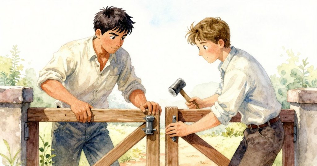 Pascal 與 Orion 正合作修理搖晃的木門，兩人專注用小木槌敲擊，展示出合作與信任的情景