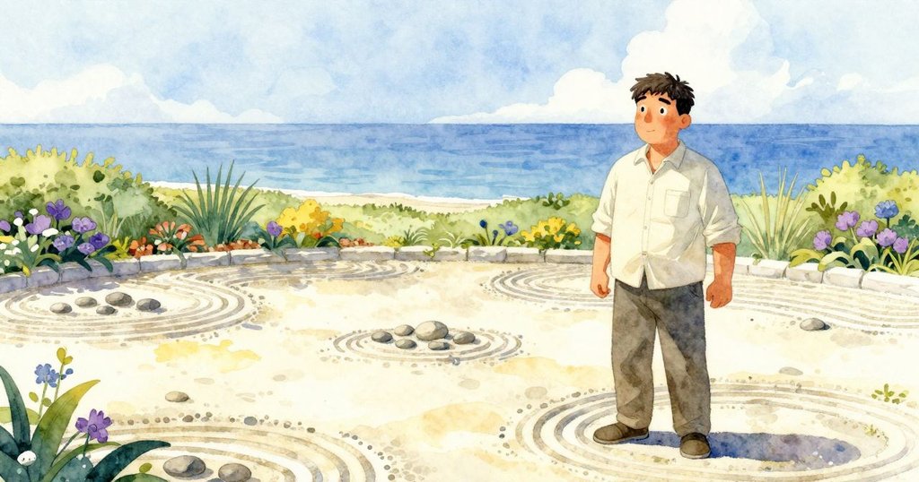 庭園全景再現，Pascal 平靜地重新耙出砂石紋路，將石子巧妙融入設計，呈現出故事結束時的和諧與寧靜