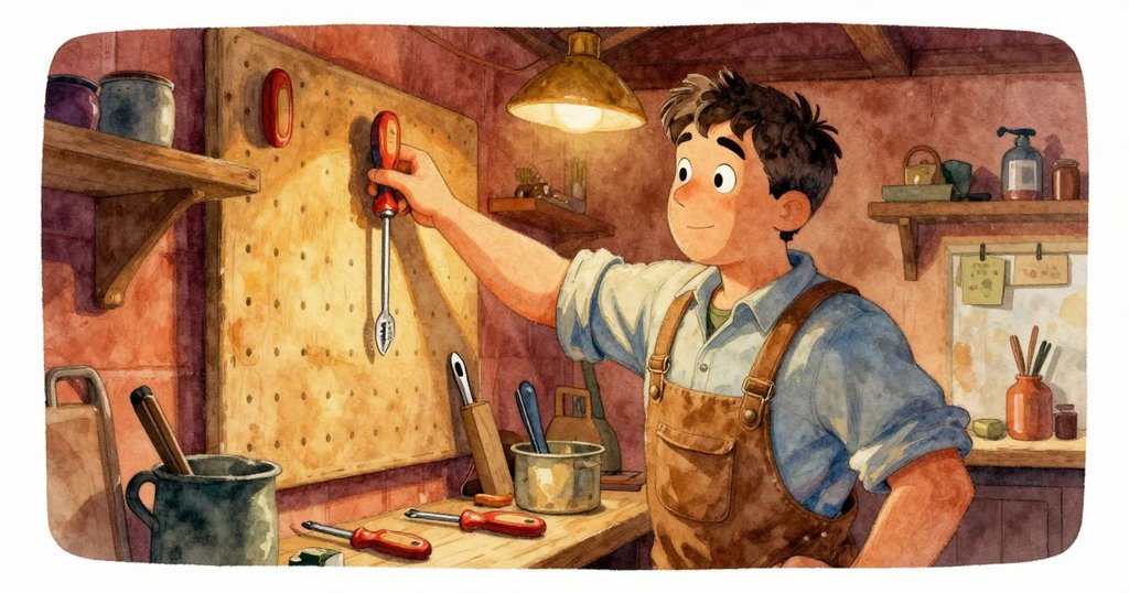 Oren伸手接觸倒掛螺絲起子，工坊中鐘表滴答，燈光溫暖，氛圍神秘而充滿細節