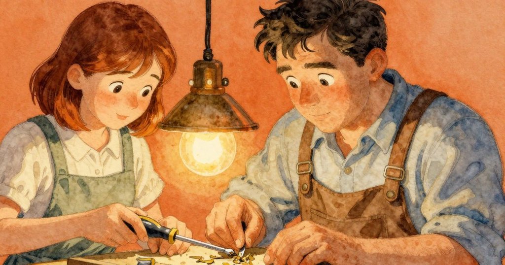 Oren專注捧著螺絲起子，近拍呈現錫漬與銅屑細節，燈光聚焦，環境充滿神秘感