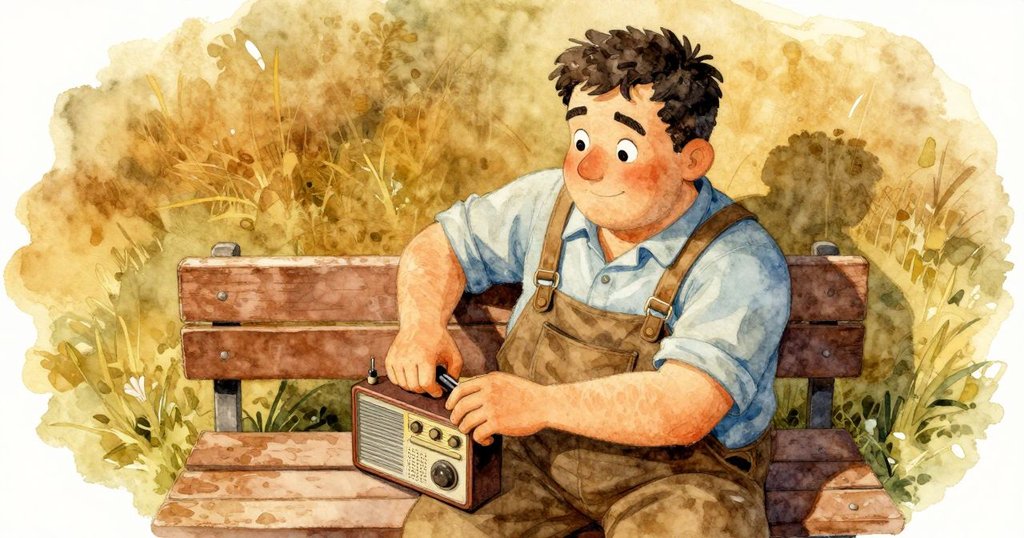 Oren在工作台上調整收音機，視角扭曲呈現節奏感，燈光與鐘聲交織，充滿活力與神秘