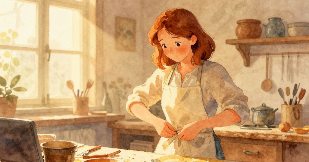 Eve在工坊櫃台邊解開圍裙，晨光穿窗而入，表情柔和充滿好奇，展示新空間情景