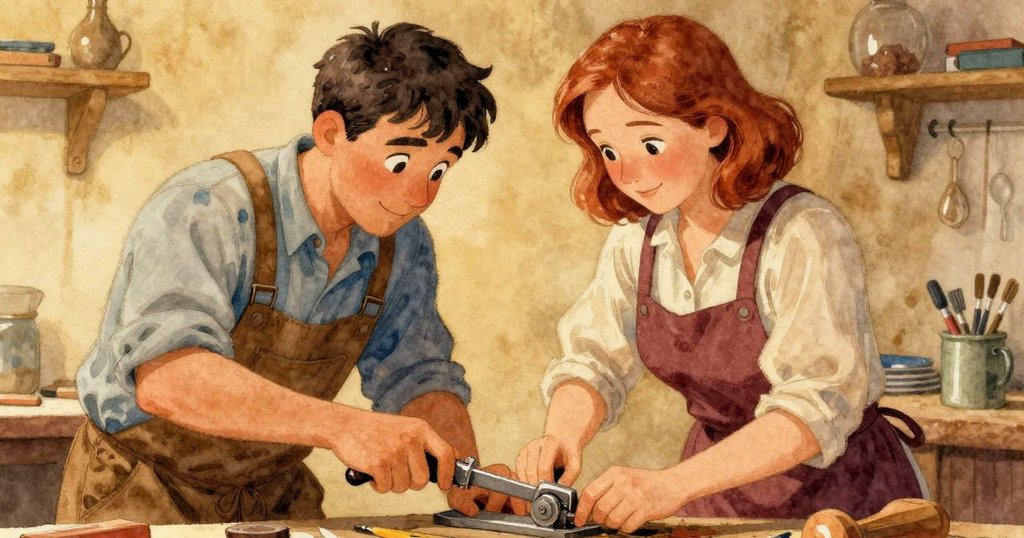 Oren與Eve在工坊中互動，Oren整理螺絲起子，Eve滿臉關懷，展現合作與滿足的氛圍