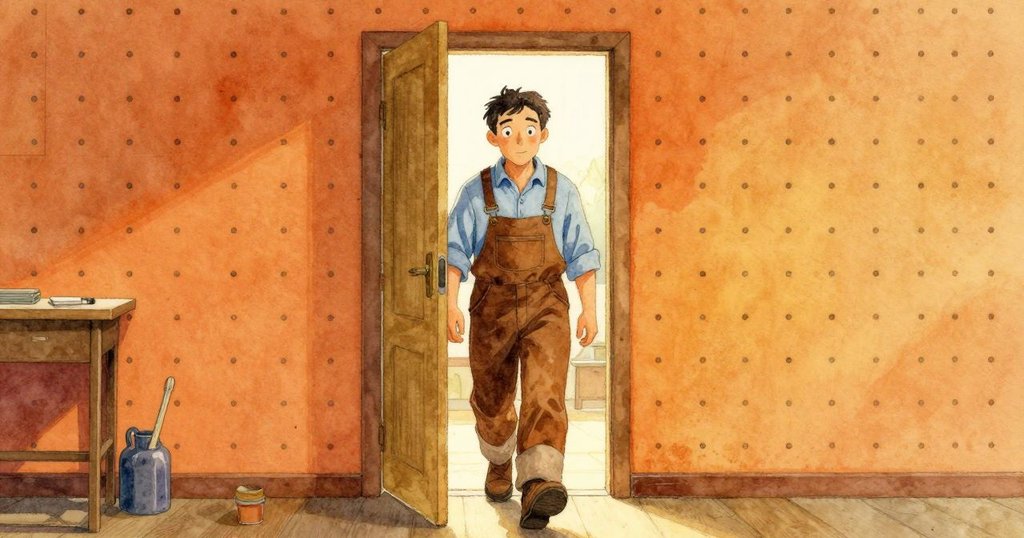 Oren走向門口，背景中整齊的工具櫃與銅珠、墊片互映，燈光柔和，流露出反思與未完的神秘感