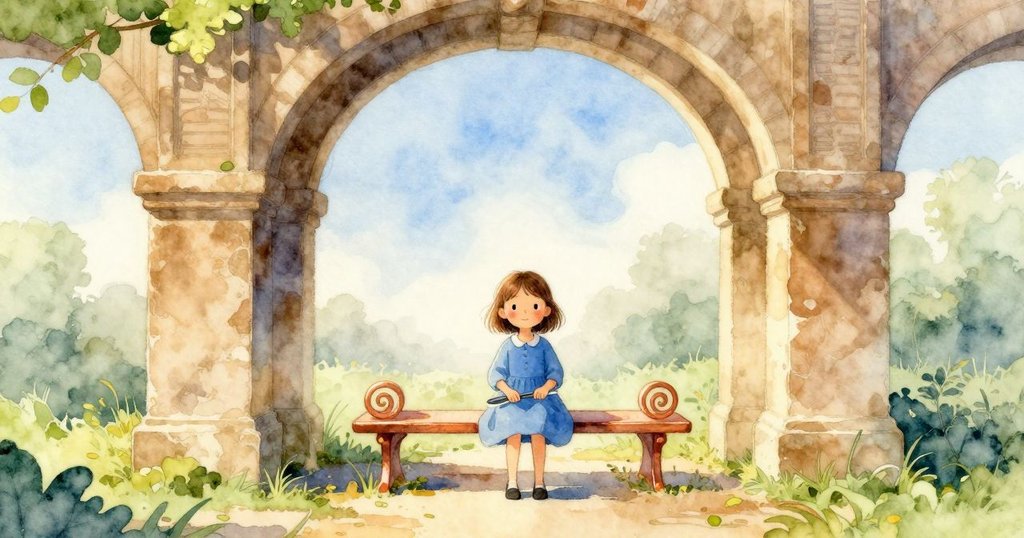 Rosa站在庭院拱門下，晨光柔和灑在雪松長椅及刺柏上，銅線螺旋閃亮，她表情沉靜，環境溫暖。