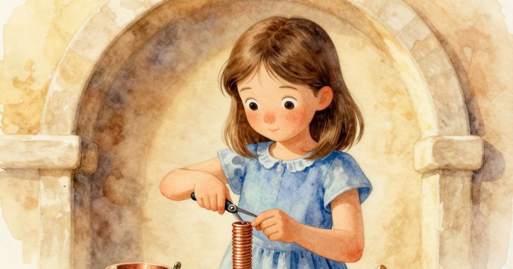 Rosa專注用刀釋放銅線卷，鏡頭聚焦在她握著工具的手與桌面細節，背景留白，充滿溫暖光芒。