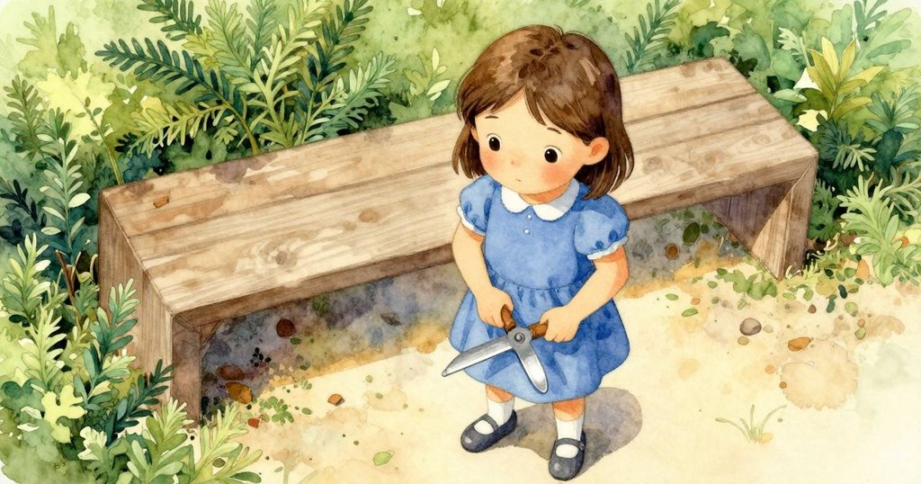 從上方俯瞰，Rosa邁步向前，手持工具，背景中的長椅與刺柏呈現幾何圖樣，光影柔和。