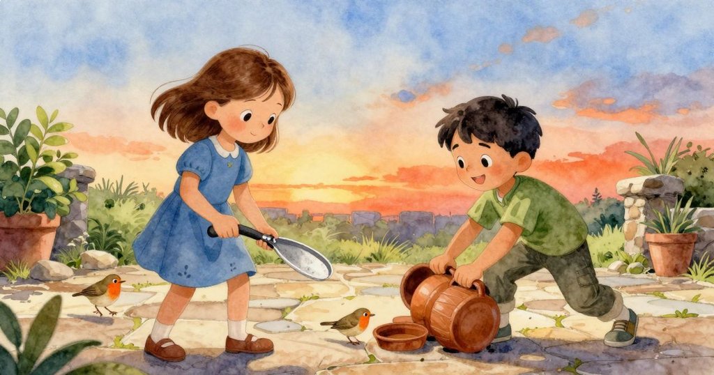 庭院中風起使訓練盆滾動，Rosa忙著收拾，知更鳥悠然跳躍，Kane站在門口呼喊，動感與寧靜交融。