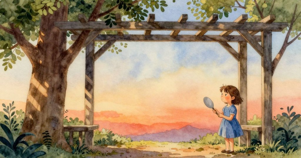 Rosa停下手中剪刀，注視棚架下樹幹上交錯光影，靜謐中流露沉思與期待，環境寧和開闊。