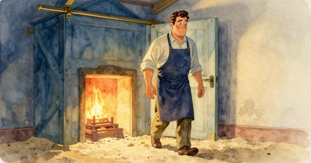 Joel 正透過傾斜門步入沙地工場, 帶著好奇與慎重表情, 周圍溫暖光影交錯, 氣氛充滿神秘感