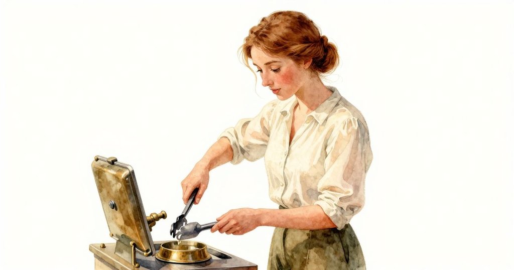 Kestrel 正專注擦拭鐵製長鉗, 周圍空白襯托出其動作, 表情專注, 溫暖光線營造柔和氛圍