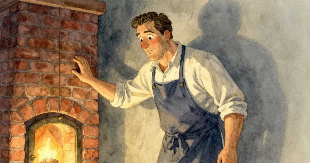 Joel 用手觸碰靠近爐邊的磚牆, 角度獨特傾斜呈現其驚訝與好奇, 溫暖光線與柔和影子交織