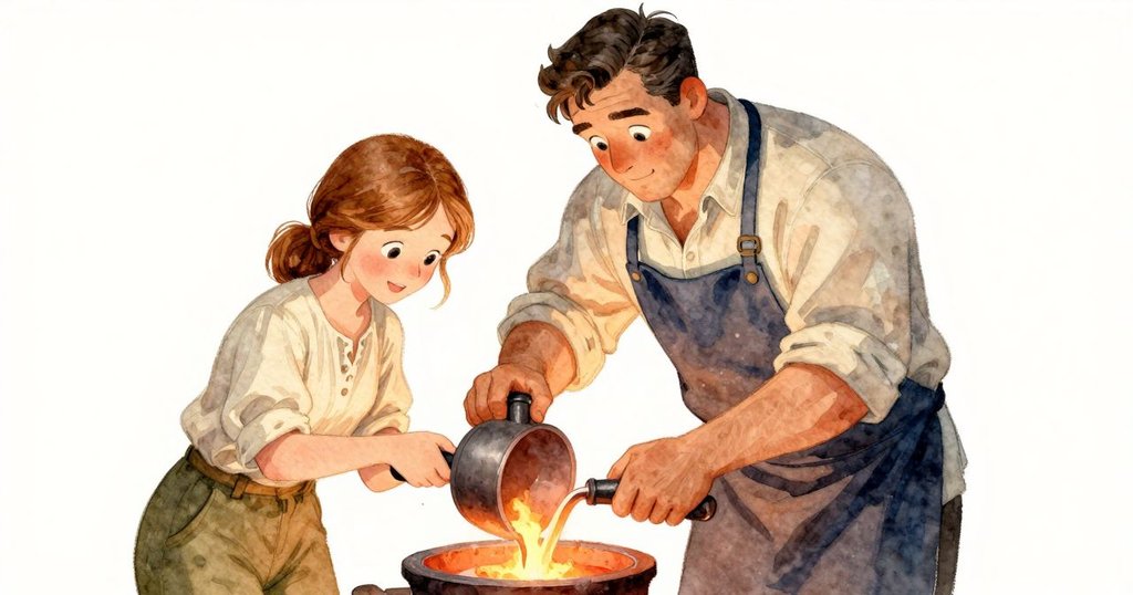 Joel 與 Kestrel 合作穩定倒入熔鐵, 表情洋溢喜悅慶祝, 爐火鮮亮映襯其動作, 場景充滿活力與溫暖