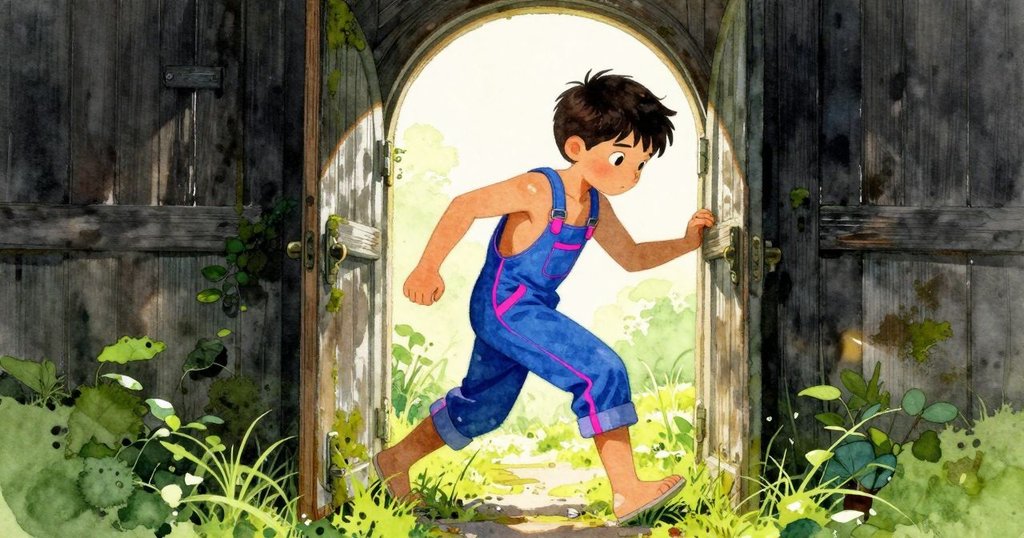 凱倫正勇敢地走過狹窄木橋，進入滿佈苔蘚與舊欄杆的水閘室，表情堅定