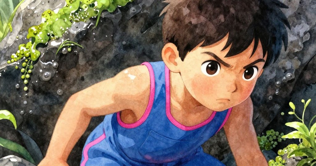 凱倫專注地凝視著磷光藻，眼中充滿好奇與堅毅，近距離展現情感