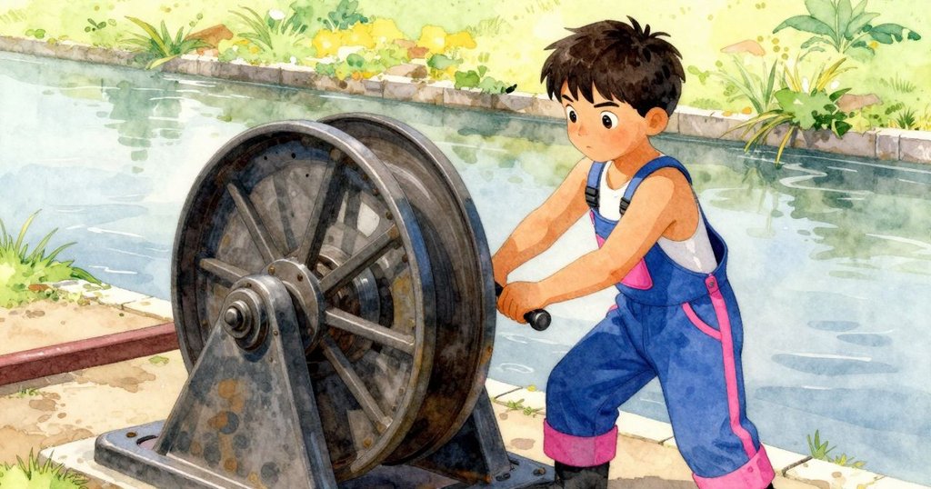 凱倫操作風車機械，前景有木質和鐵製細節，後景水面流動，動態層次分明