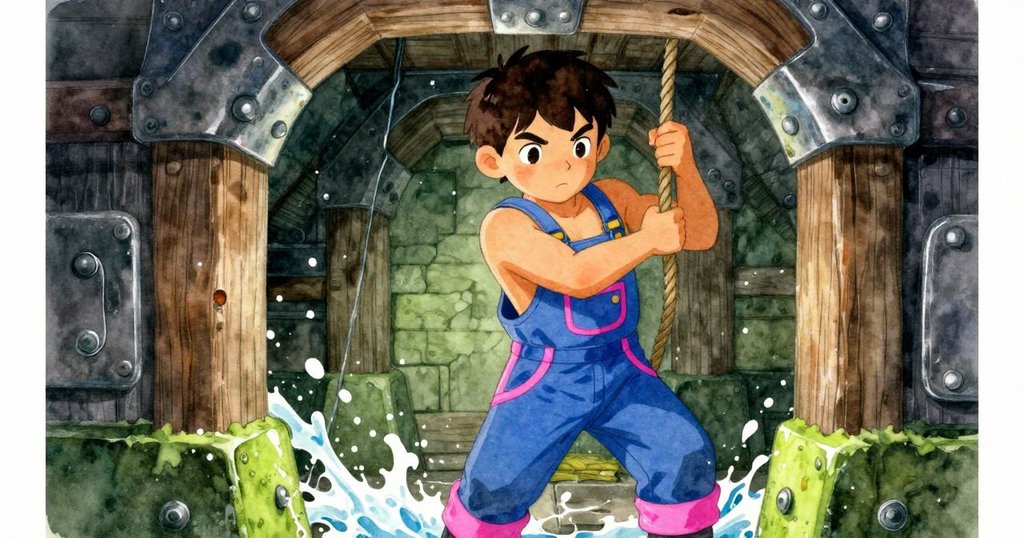 凱倫在水閘室內細調繩索，周圍牆面覆滿苔蘚，內部空間靜謐而古老