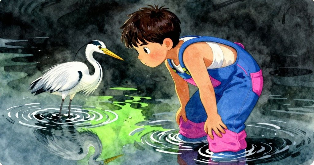 凱倫暫停觀察，發現倒影中飛鳥的翅膀與水面波動，充滿驚奇