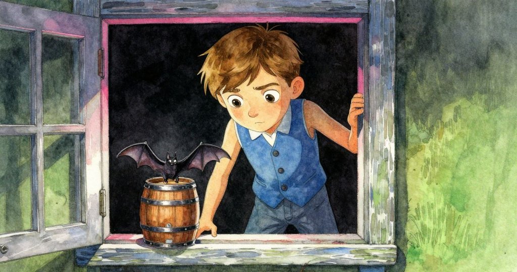 透過破舊窗戶，Zev目光堅定觀察空桶搖籃與蝙蝠，室內光線柔和，展現專注神情