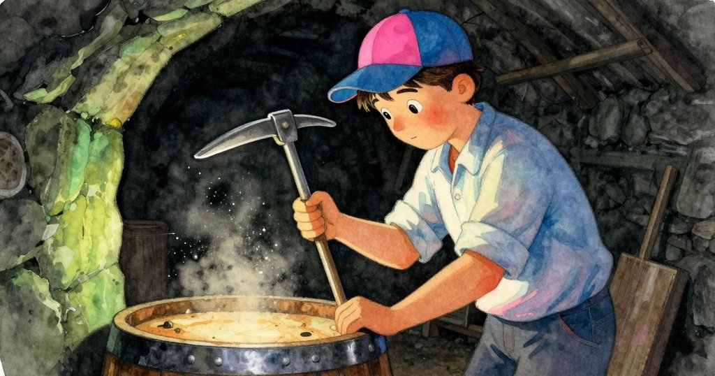 Xander輕敲酒桶，細塵在燈光中閃爍，酒窖內景呈現寧靜中微妙的變化