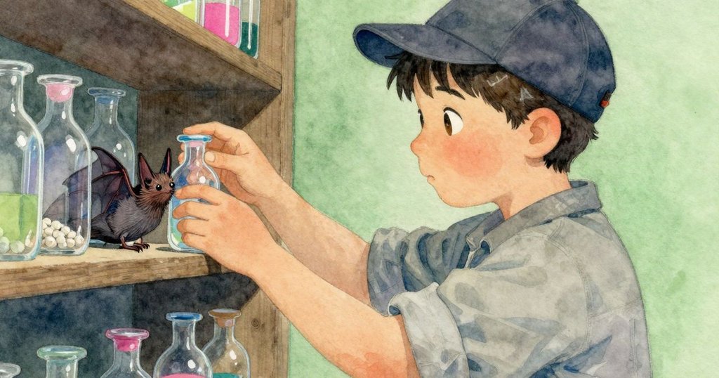 Xander輕放亮光玻璃瓶於古舊架子上，蝙蝠靜臥桶搖籃，場景展現溫馨平靜的結束