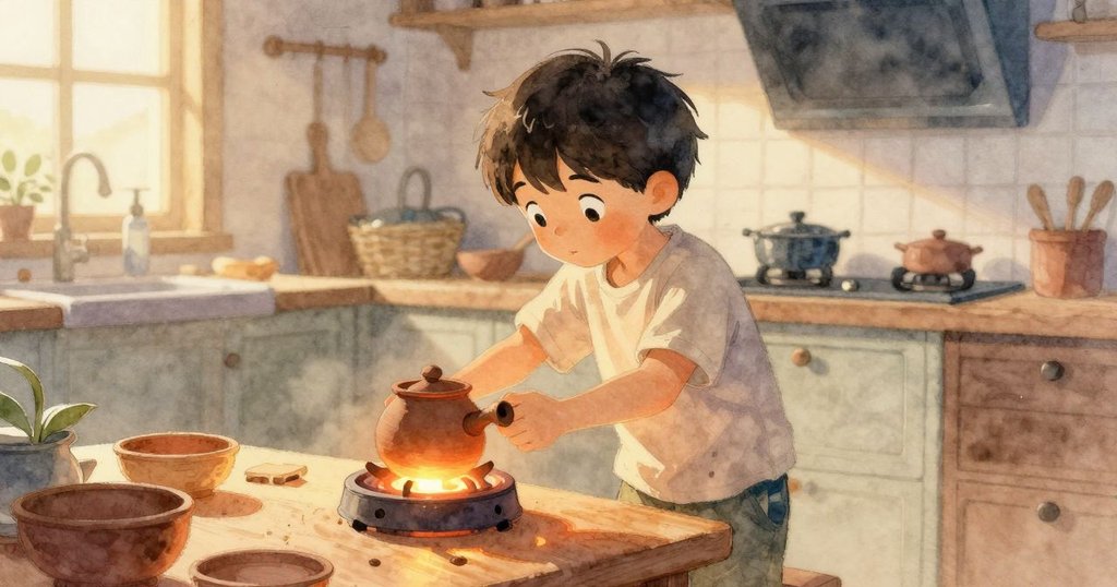 克魯茲輕撫陶壺腹，廚房裡燃燒著橙色炭火，背景有瑪布爾靜立，場景寧靜而充滿儀式感