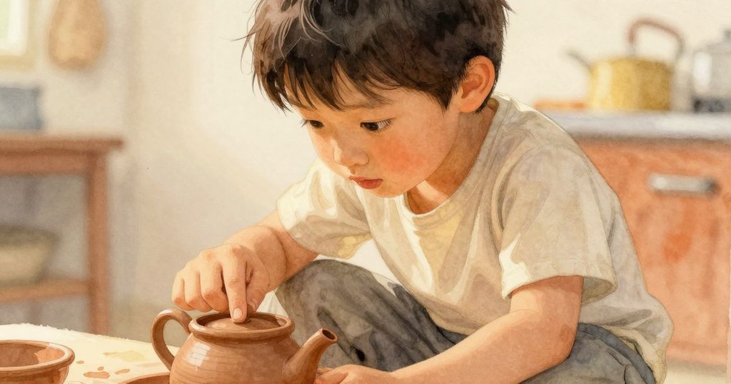 克魯茲專注觸摸陶壺腹，神情中流露驚奇與思索，廚房溫暖燈光襯托出他專注情緒