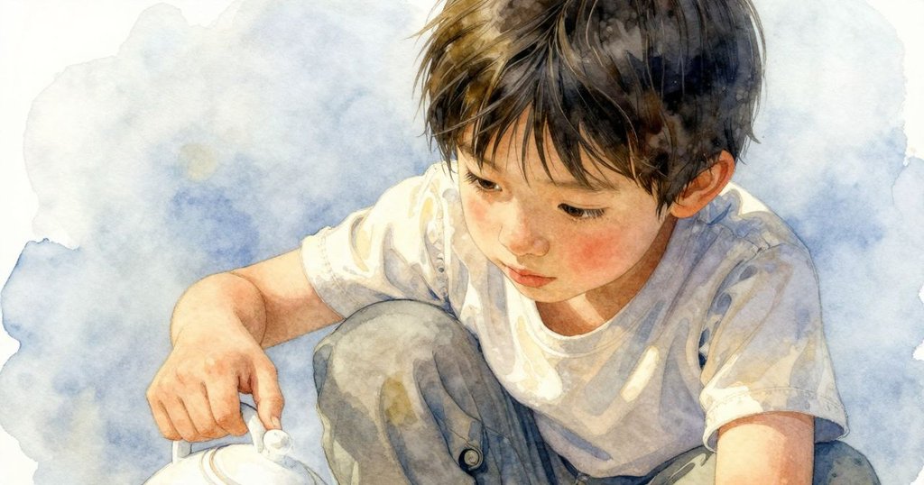 克魯茲發現壺把附近的縫隙，輕觸細膩紋理，回憶般柔和藍灰色調中充滿沉思