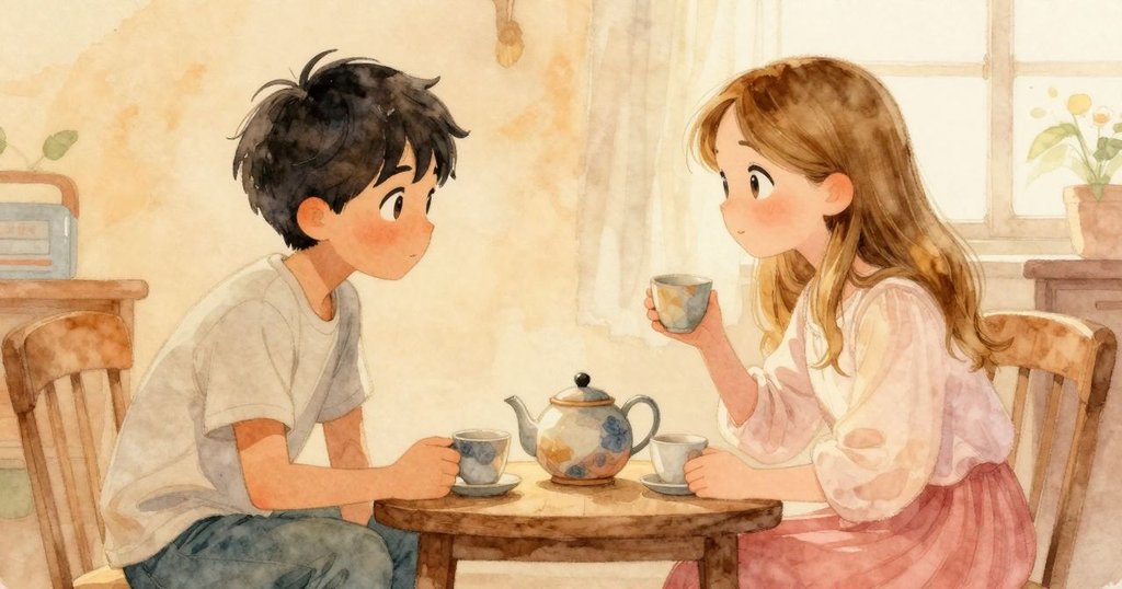 克魯茲與瑪布爾互視交流，瑪布爾輕聲道出水之歌，茶盤上杯與壺整齊呈現家居溫馨