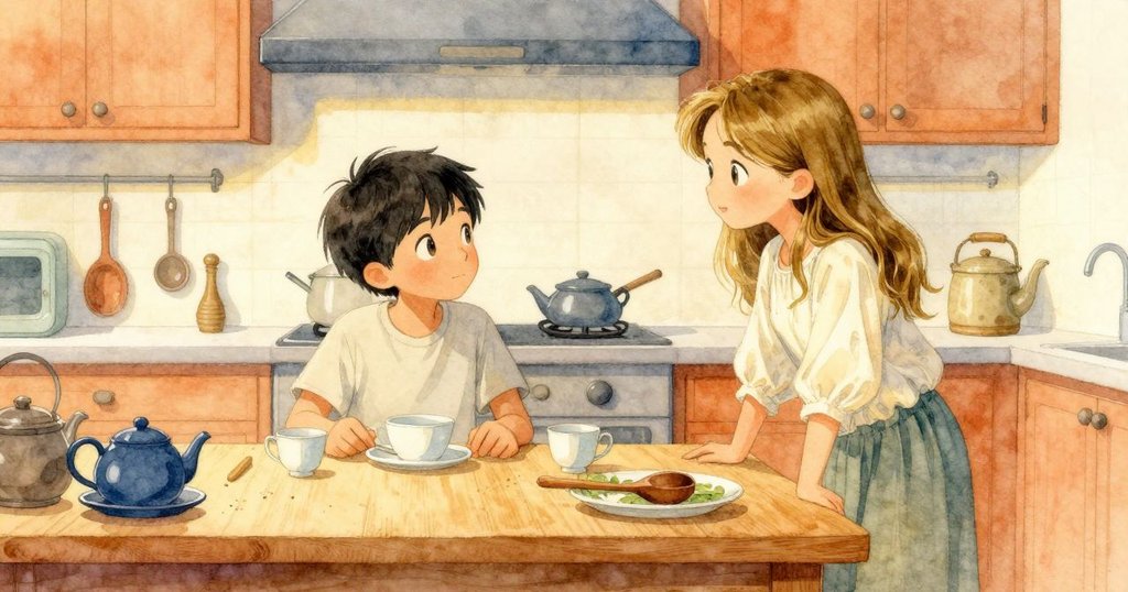 寬景展示整個廚房桌面，壺、杯與湯匙齊整排列，細微灰塵見證儀式延續，場景充滿靜謐家居氣息