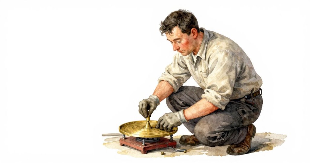 Kit在溫暖的木工坊中蹲下,仔細檢查轉動的塗漆托盤與閃亮的銅釘,神情專注,現場充滿神秘氣息。