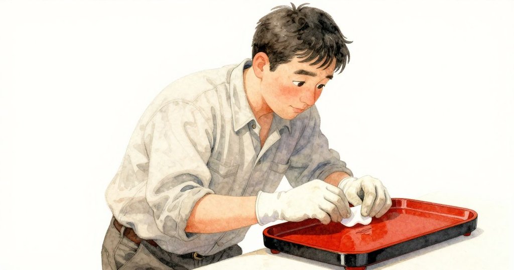 Kit面部特寫,戴著手套的小心拿著棉墊檢查清漆表面的細微劃痕,神情專注,背景顯示工坊細節。