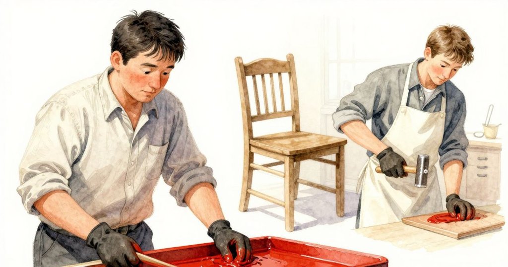 工坊中層次豐富的畫面,前景中Kit專注於托盤,而背景中Bram使用木槌修整橡木椅,動作協同且環境溫暖。