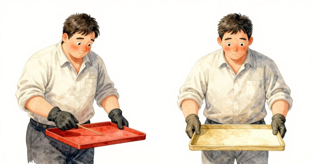 畫面分為兩半,一邊Kit用竹籤修復塗漆托盤的劃痕,另一邊則呈現想像中完美修復的效果,表情充滿希望與決心。