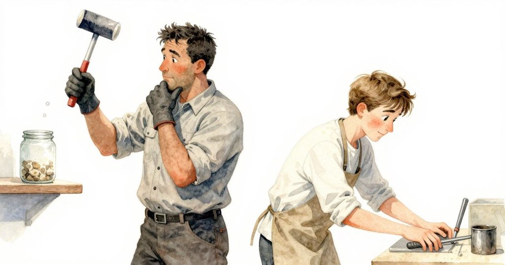 Bram手中的木槌停在半空中,Kit低頭工作,櫥架上的梅子果醬罐漏出一滴明亮的果醬,場景充滿驚訝與靜止感。