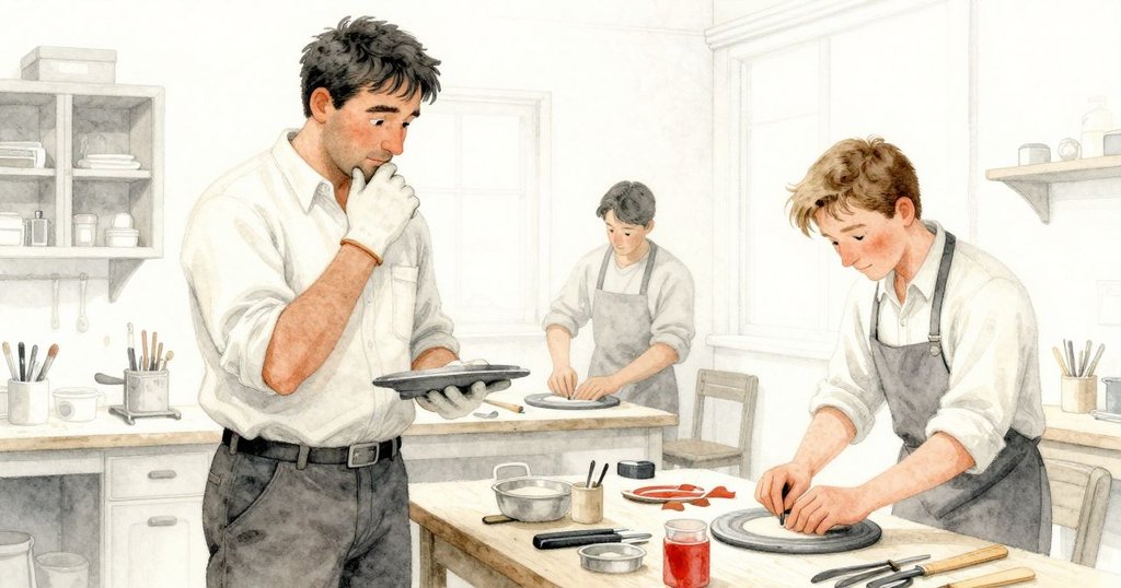 整個工坊全景展現,Kit與Bram分別專心修飾托盤及橡木椅,櫥窗中果醬滴落,環境充滿溫暖與完成感。