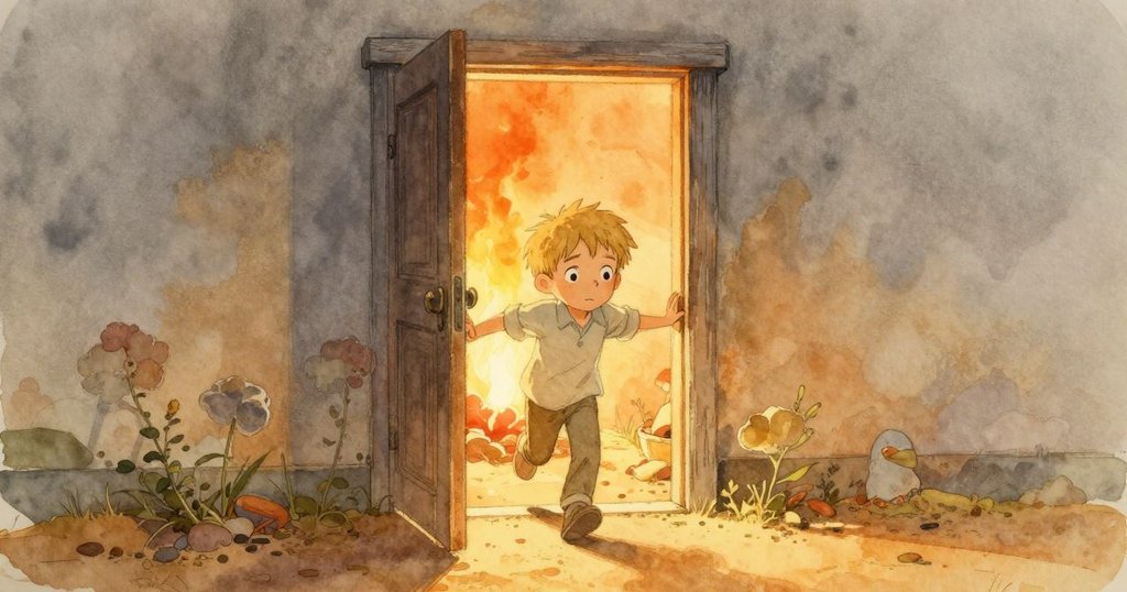 Tatum正從舊門框走出，進入暖光爐旁的沙地，表情充滿好奇與期待