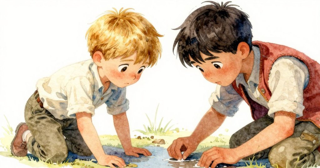 Tatum正仔細觸碰並嗅聞沙上濕痕，臉上流露出疑惑與好奇的神情