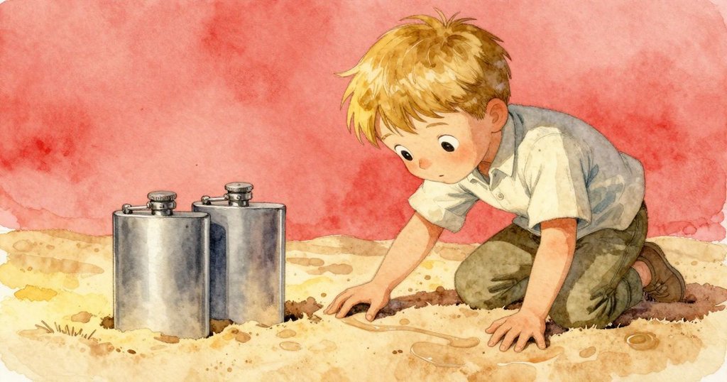 Tatum蹲在沙地上，靠近橡木框架的瓶架用手觸碰濕痕，發現部分黑麥麵包，神情充滿謎樣探索