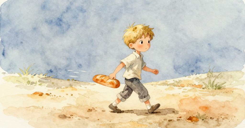 Tatum正跨步走過沙地，手中捧著暖麵包，伴隨蒸氣與飛舞的黑點，氣氛充滿動感